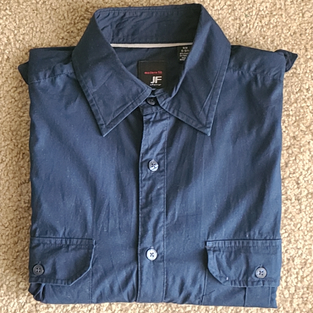 JF J. Ferrar Casual Navy Blue Button Down Shirt